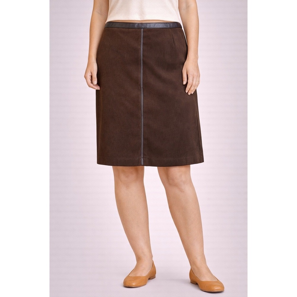 DAVID PAUL NEW YORK Brown Faux Leather Trim‎ A-Line Skirt Size 12 Missy